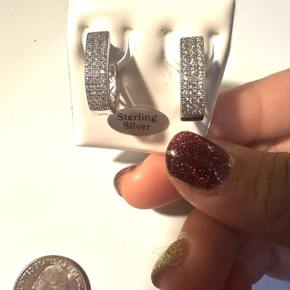 Sterling Silver Huggie Hoops Earrings Zircon Artisan Marked - BRAND NEW - Picture 4 of 11